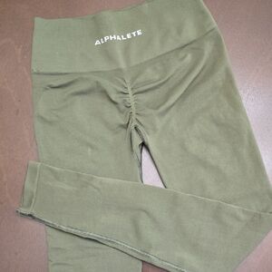 ALPHALETE olive Green Leggings Tights No Front Seam Sz S Ruching